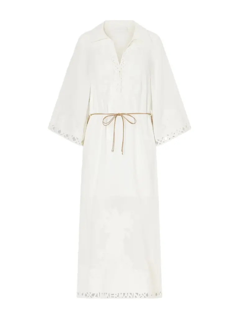 Zimmermann Indra Embroidered Belted Ramie Maxi Dress