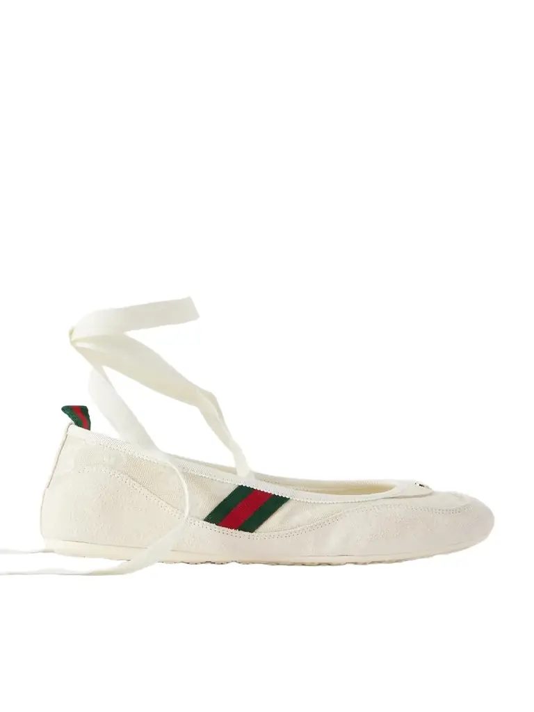 Gucci Shift Webbing-trimmed Canvas-jacquard And Suede Ballet Flats