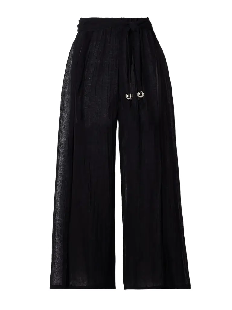 Lisa Marie Fernandez Embellished Belted Crinkled Linen-blend Gauze Wide-leg Pants