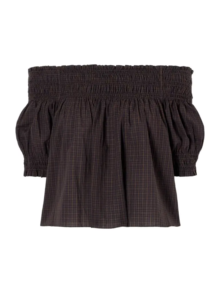 Matteau Shirred Off-the-shoulder Checked Cotton Blouse