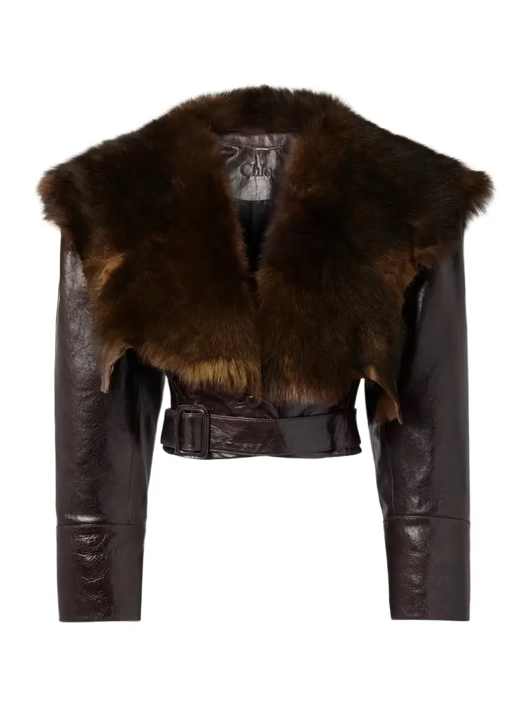 Chloé Cropped Belted Shearling-trimmed Glossed-leather Jacket - Dark brown - Women's Clothing