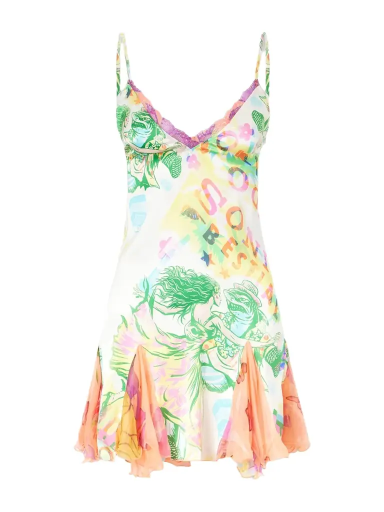 Donde Esteban Sonido Bestial Ruffled Lace-trimmed Printed Silk-blend Satin And Chiffon Mini Dress