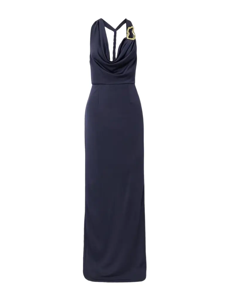 Rebecca Vallance Ayesha Draped Embellished Stretch Satin-jersey Halterneck Gown