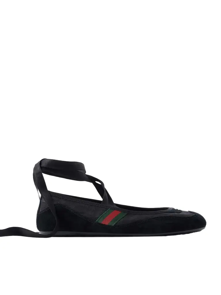 Gucci Embellished Webbing-trimmed Canvas And Suede Ballet Flats