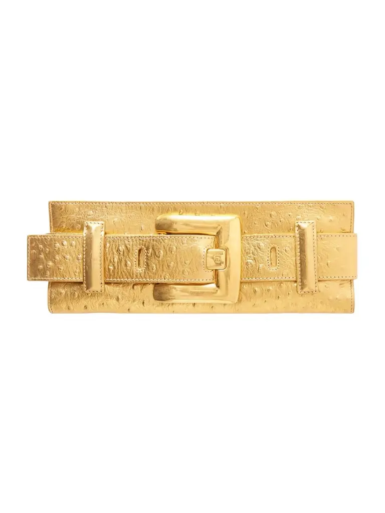 Balmain Anthem Buckled Ostrich-effect Metallic Leather Clutch