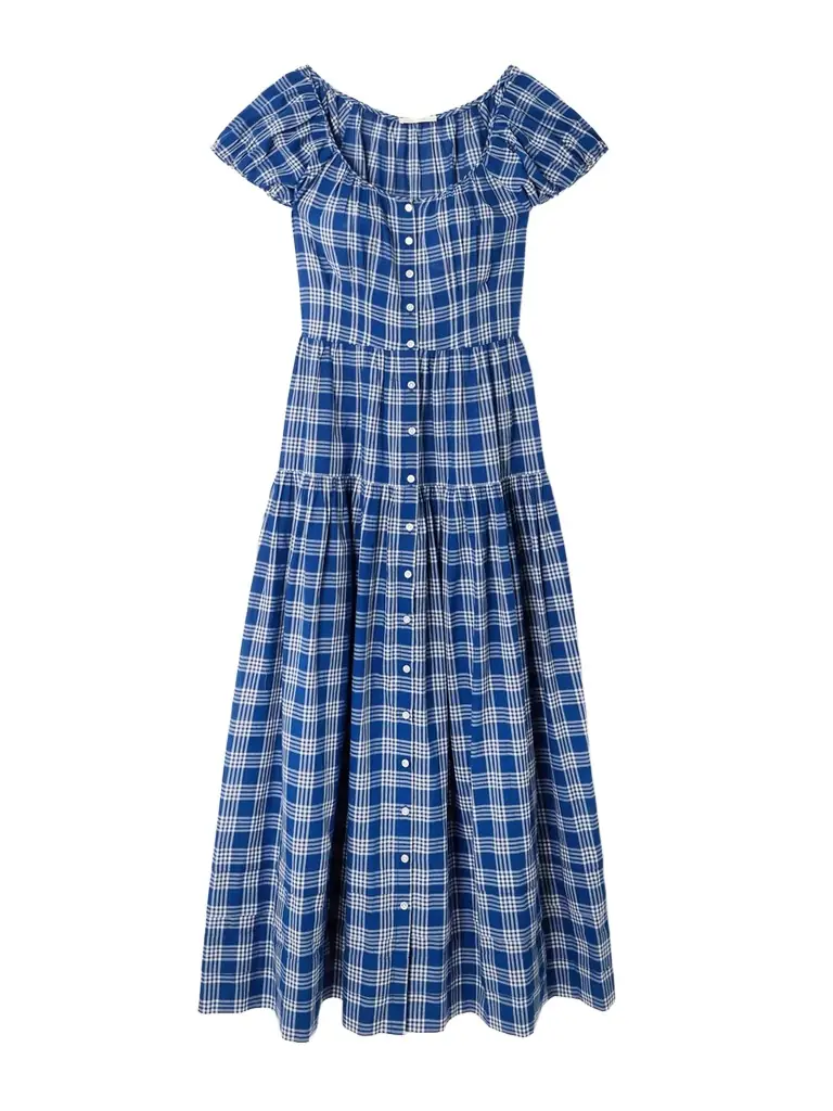 DÔEN Valenne Tiered Checked Organic Cotton Midi Dress