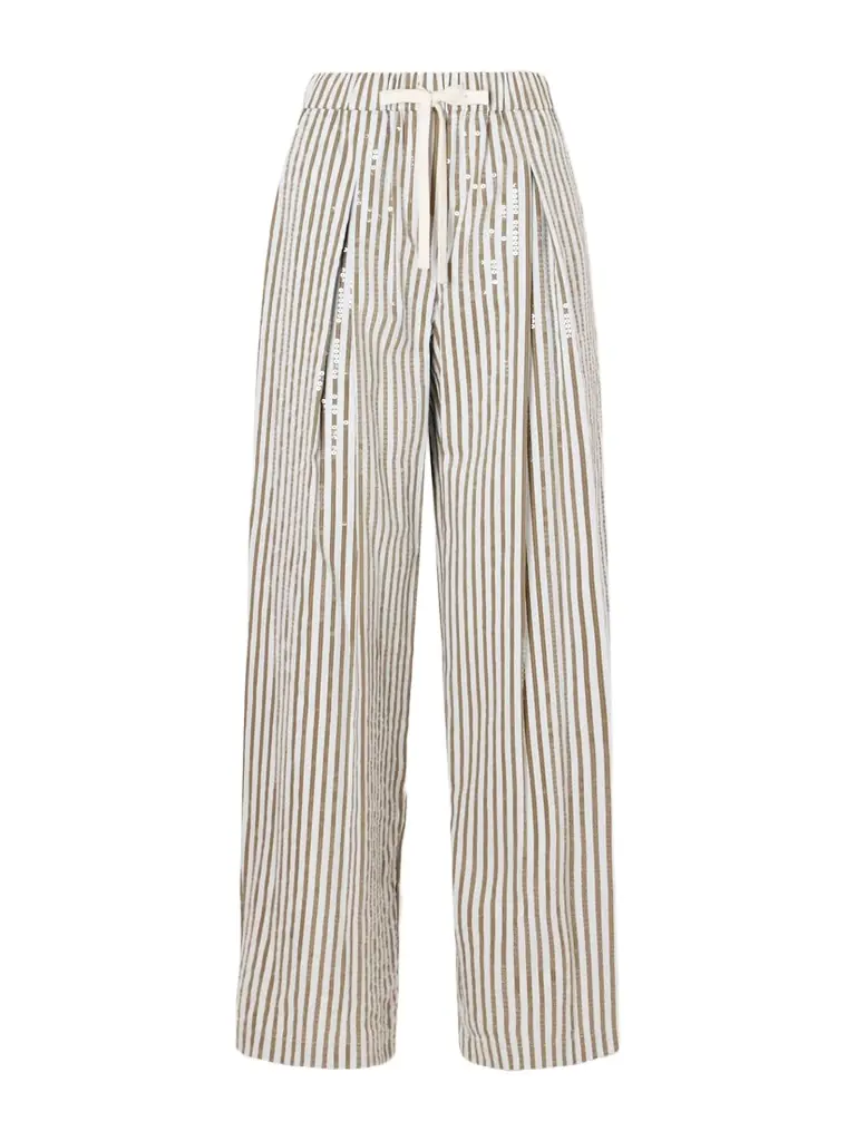 TWP Pj Sequin-trimmed Striped Cotton-blend Wide-leg Drawstring Pants