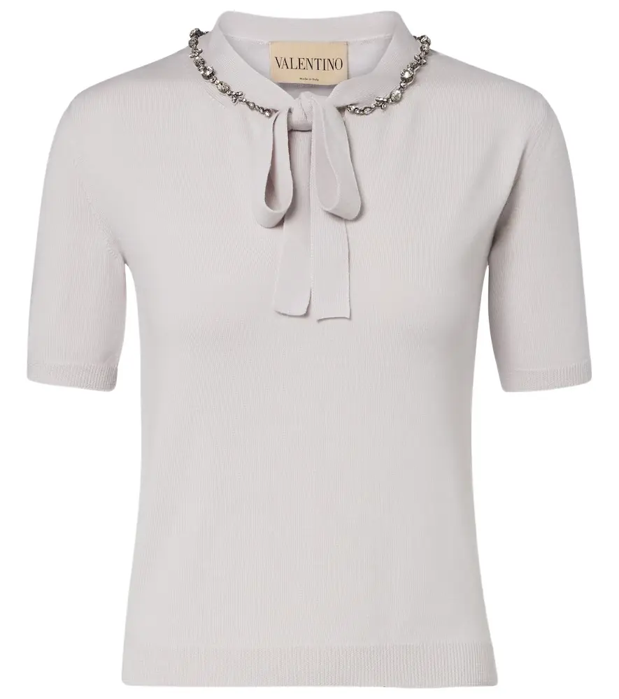 Valentino Embellished tie-neck virgin wool sweater