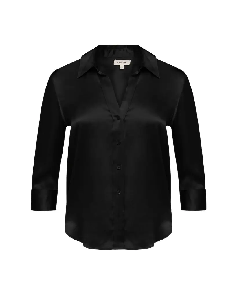 L'Agence Dani Silk Satin 3/4-Sleeve Button-Down Blouse