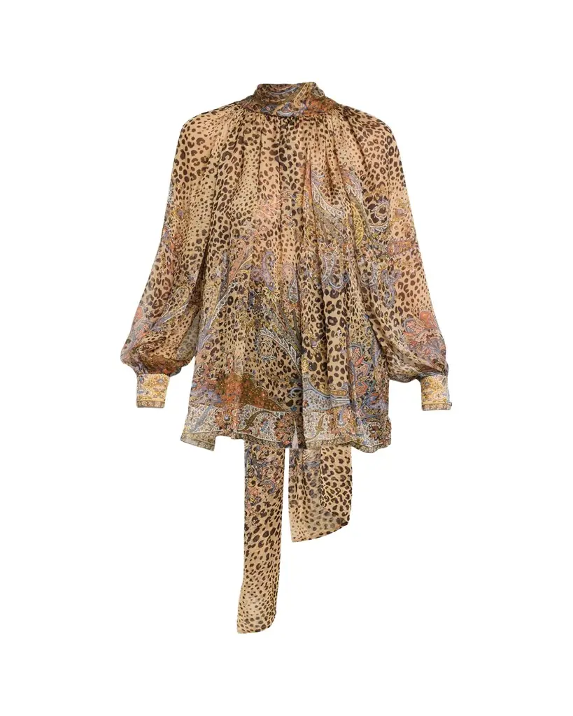 Etro Animal Paisley-Print Silk Scarf-Neck Blouse