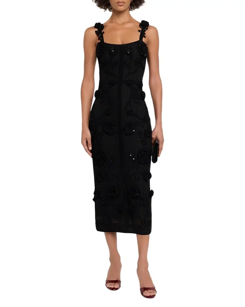 Carolina Herrera Sleeveless Floral Crochet Knit Midi Dress