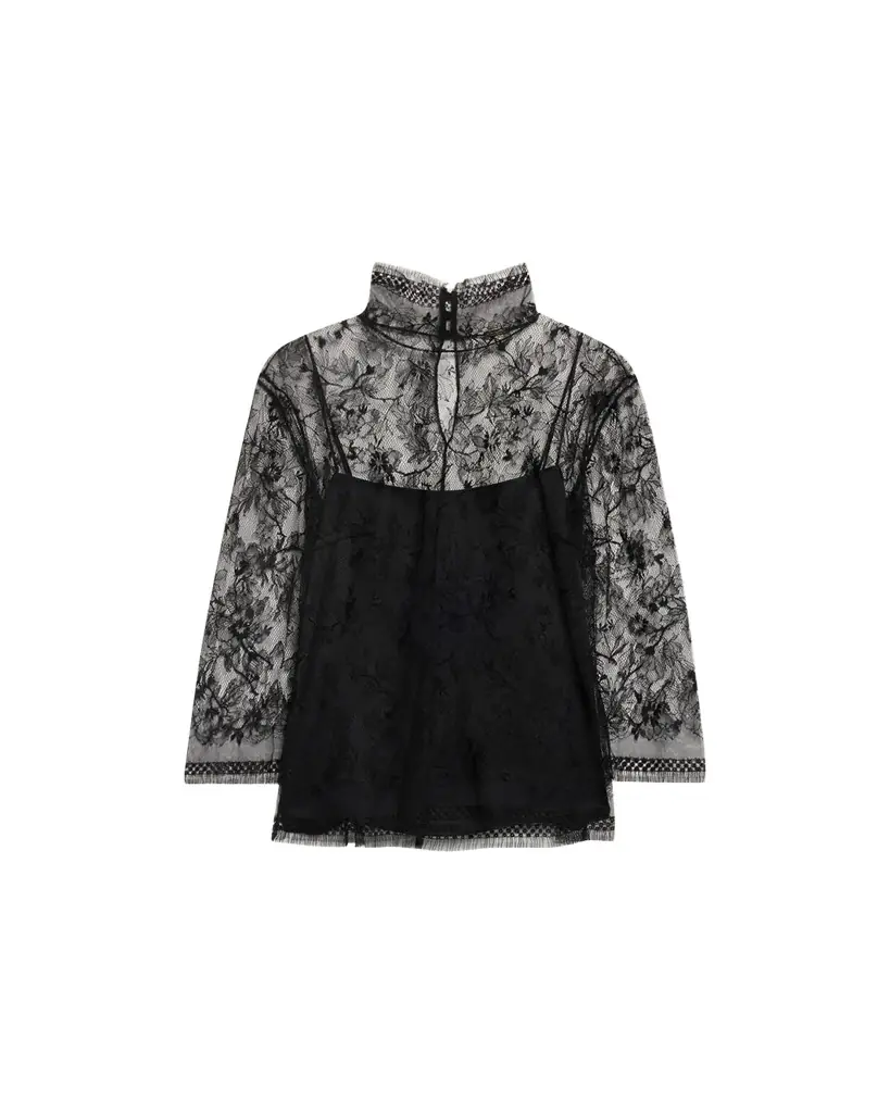 Adam Lippes Lace High-Neck Shirt w/ Attached Camisole