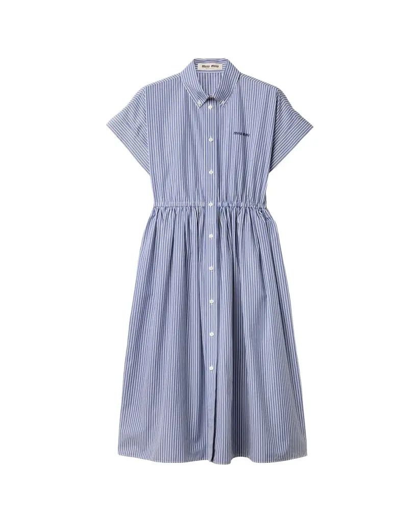 Miu Miu Short-Sleeve Striped Cotton Poplin Midi Shirtdress