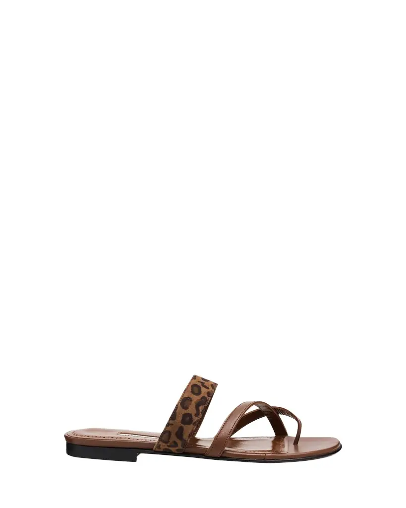Manolo Blahnik Susa Leather and Leopard-Printed Suede Crisscross Flat Sandals