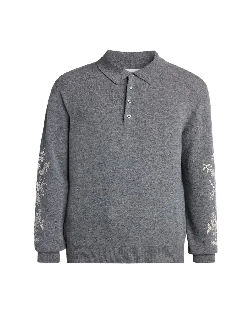 McQueen Men's Wool Floral-Embroidered Polo Sweater