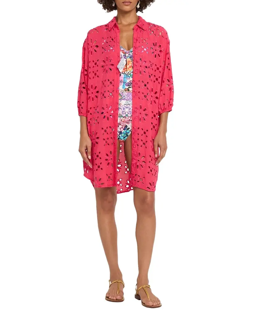 Johnny Was Floral Eyelet Shirtdress Coverup