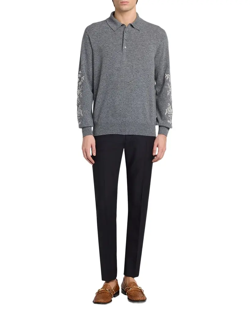 McQueen Men 's Wool Floral-Embroidered Polo Sweater