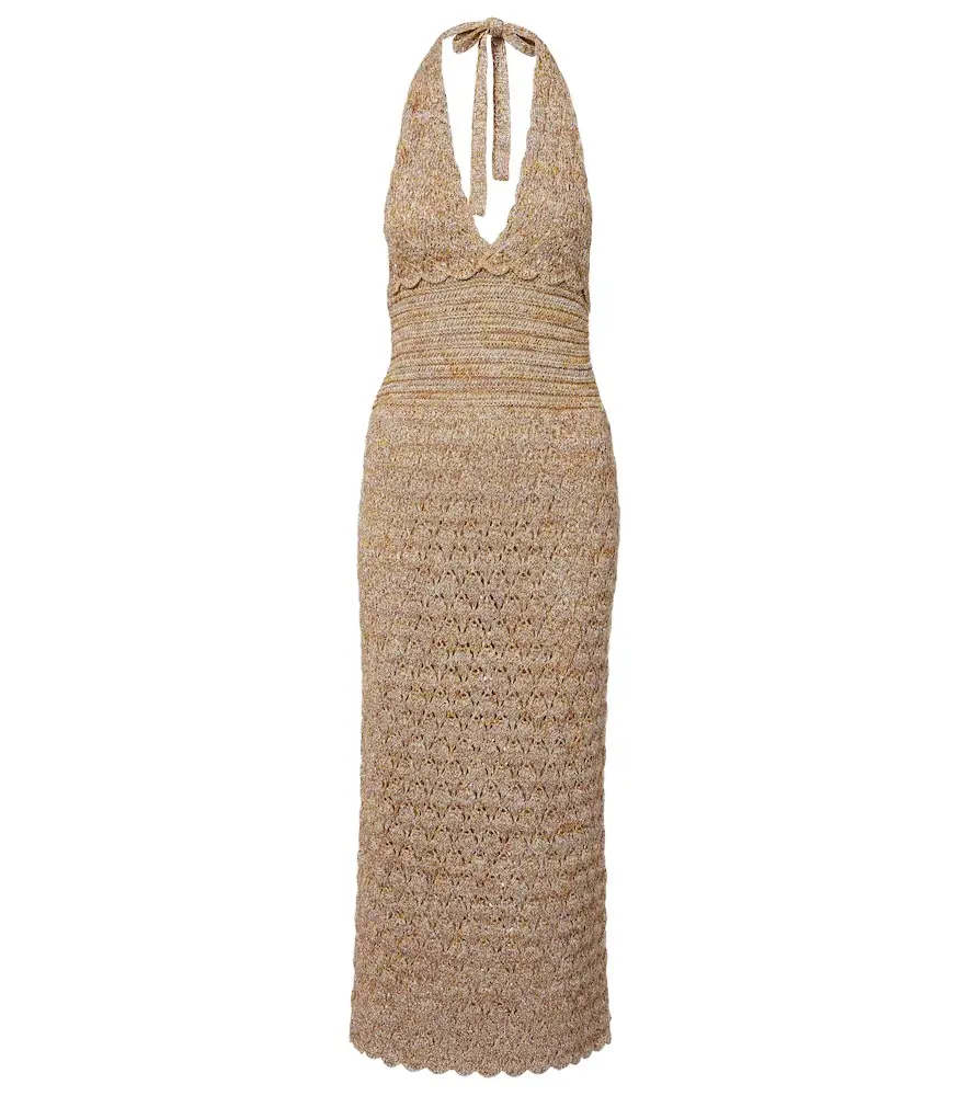 Valentino Open-knit linen-blend lamé midi dress