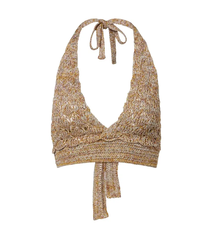 Valentino Open-knit linen-blend lamé crop top
