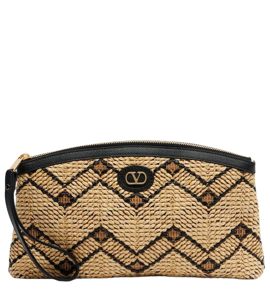 Valentino Garavani VLogo Small leather-trimmed raffia pouch