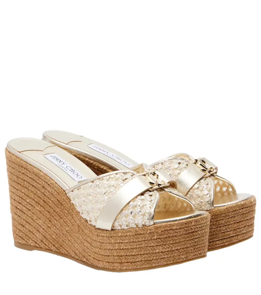 Jimmy Choo Leda raffia-trimmed leather wedge espadrilles