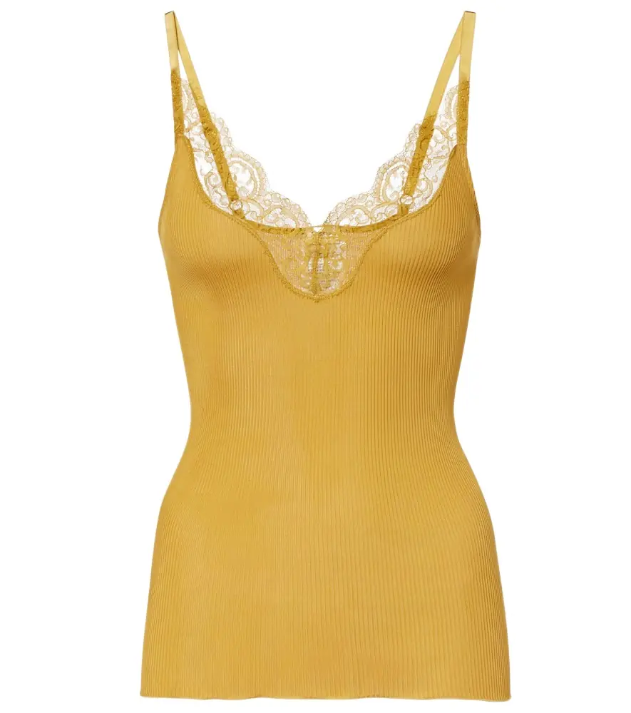 Saint Laurent Lace-trimmed ribbed-knit silk tank top