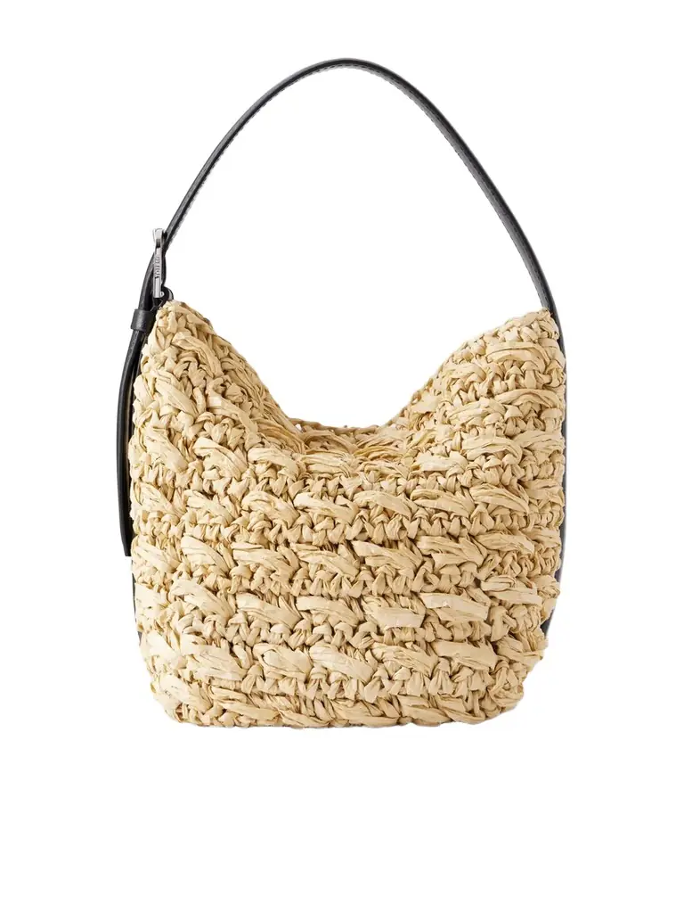 TOTEME Belted Small Leather-trimmed Raffia Shoulder Bag