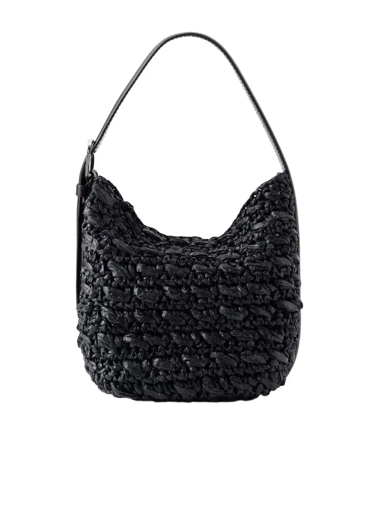 TOTEME Belted Small Leather-trimmed Raffia Shoulder Bag