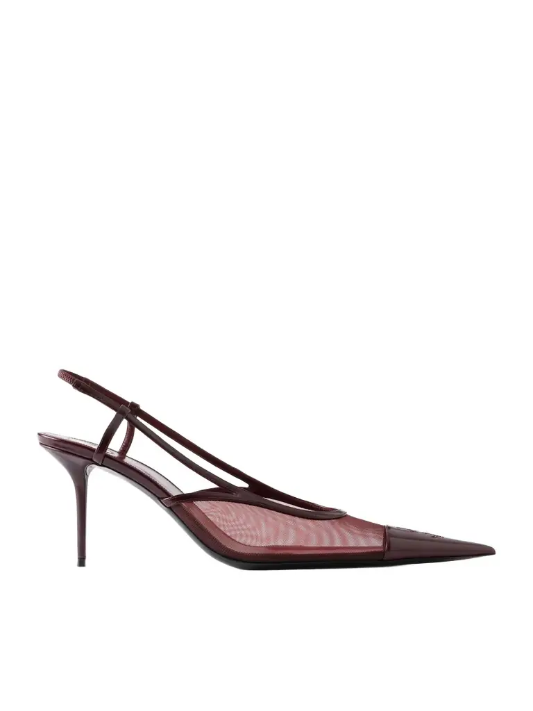 Saint Laurent Renée Cassandre-embroidered Patent Leather-trimmed Mesh Slingback Pumps