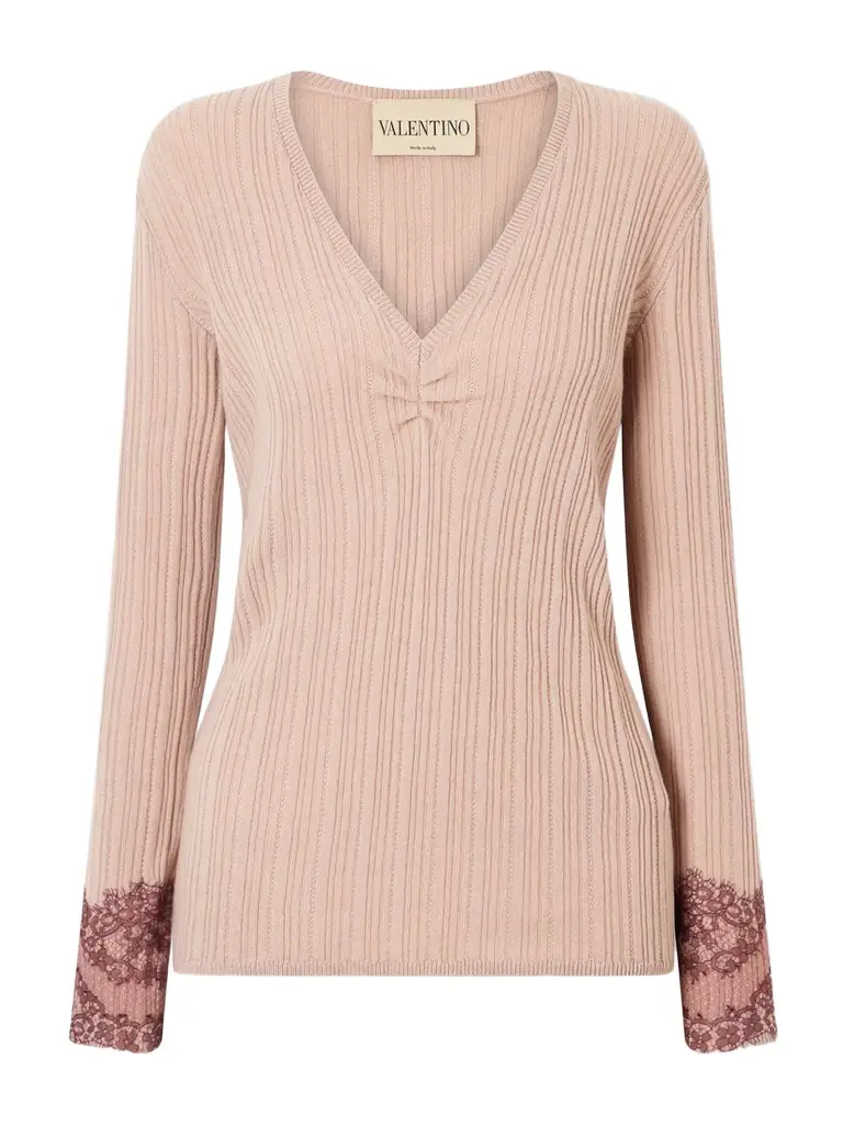 Valentino Garavani Lace-trimmed Ribbed Cashmere Sweater
