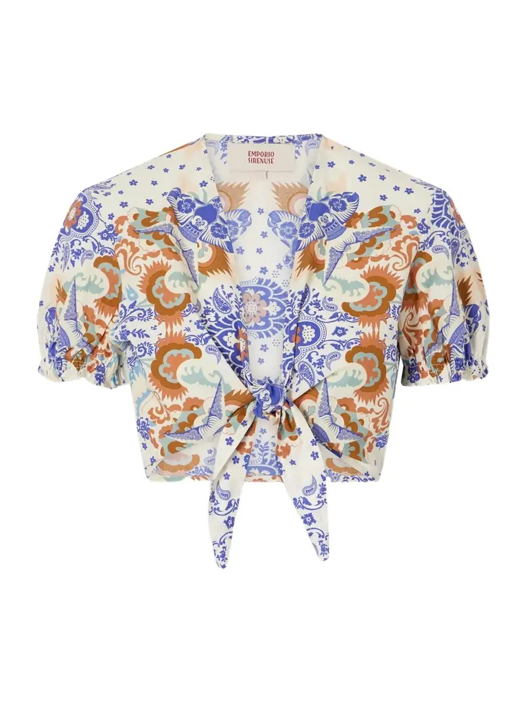 Emporio Sirenuse Poppy Knotted Printed Cotton-poplin Cropped Top