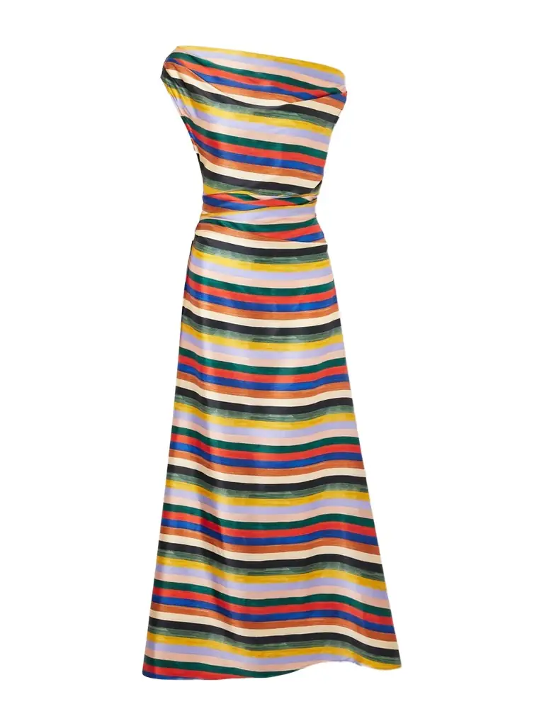 Staud Phare One-shoulder Draped Striped Silk-blend Satin Maxi Dress