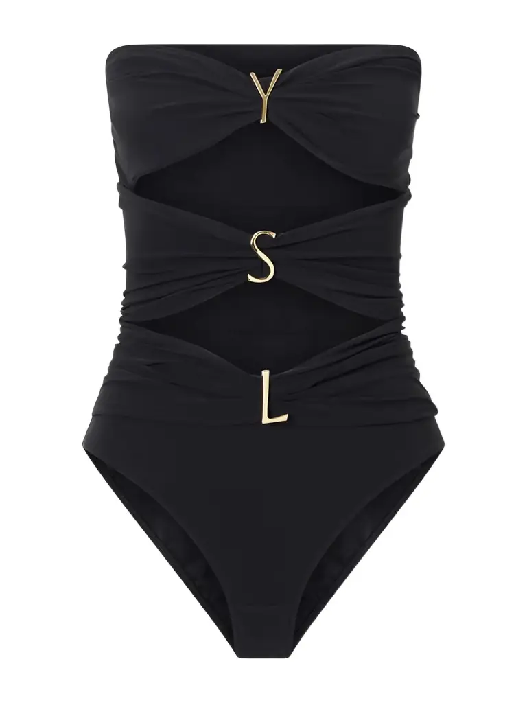 Saint Laurent Strapless Cut-out Gathered Embellished Swimsuit