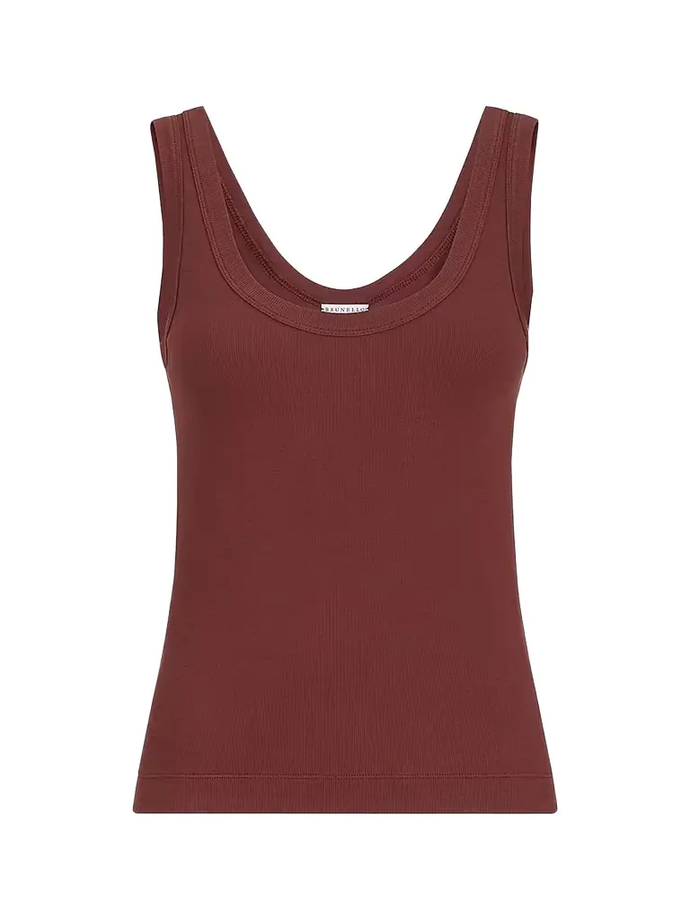 Brunello Cucinelli Women's Stretch Cotton Ribbed Jersey Top with Monili - Wine