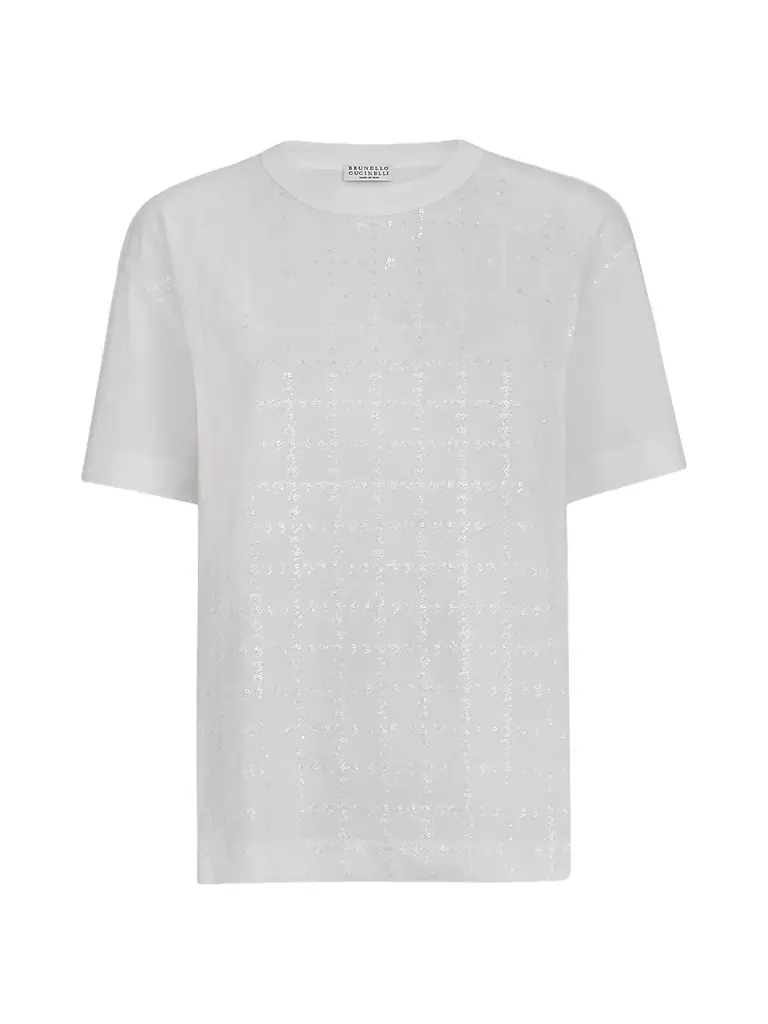Brunello Cucinelli Women's Cotton Jersey T-Shirt with Dazzling Windowpane Embroidery - White