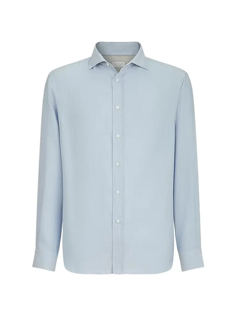Brunello Cucinelli Men's Cotton and Cashmere Denim-Effect Diagonal Shirt - Sky Blue