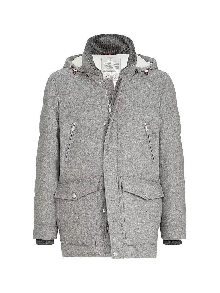 Brunello Cucinelli Men's Bonded Wool Flannel Down Parka Jacket - Light Grey