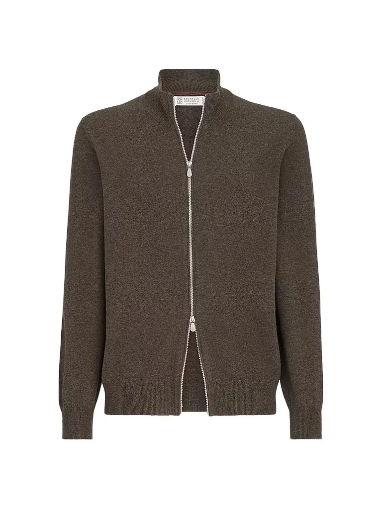 Brunello Cucinelli Men's Cashmere High-Neck Cardigan with Zipper - Brown