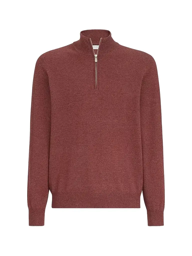 Brunello Cucinelli Men's Cashmere Sweater with Half Zip - Burgundy