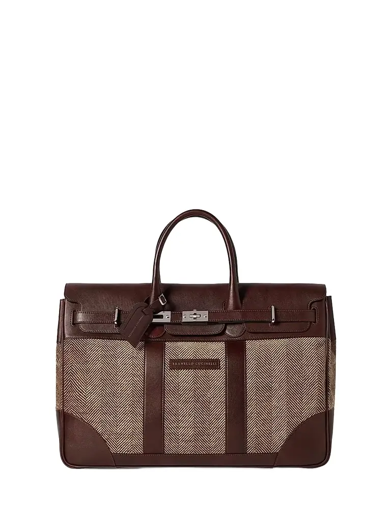 Brunello Cucinelli Men's Burnished Calfskin and Chevron Effect Techno Fabric Country Bag - Brown