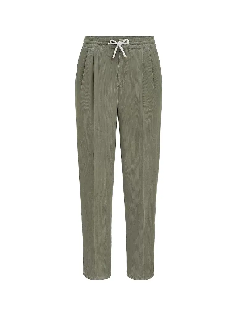 Brunello Cucinelli Men's Garment-Dyed Trousers in Cotton Narrow Wale Corduroy - Military