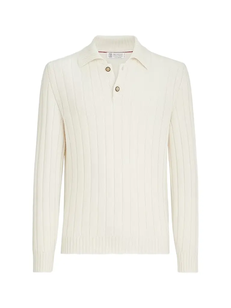 Brunello Cucinelli Men's Cashmere Ribbed Knit Polo Shirt - Panama