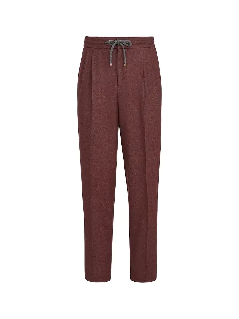 Brunello Cucinelli Men's Virgin Wool and Cashmere Flannel Trousers with Drawstring and Double Pleats - Burned - Women's Clothing