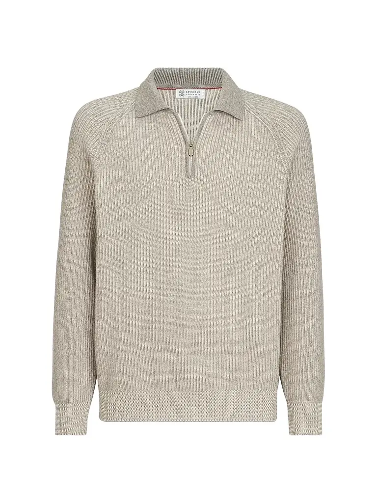 Brunello Cucinelli Men's Cashmere Vanisé English Rib Knit Polo with Half Zip - Grey