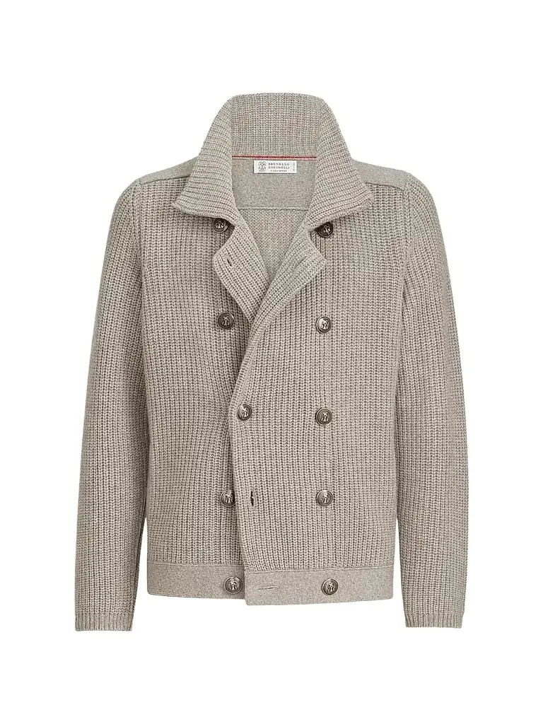 Brunello Cucinelli Men's Cashmere Half English Rib Mariner Cardigan - Light Brown