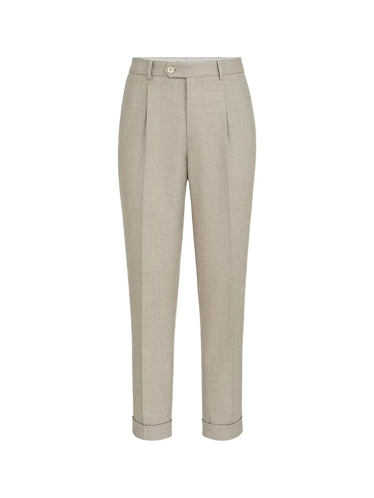 Brunello Cucinelli Men's Virgin Wool Mouliné Twill Trousers with Pleats - Beige