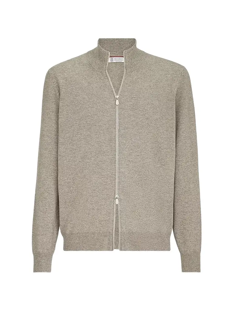 Brunello Cucinelli Men's Cashmere High-Neck Cardigan with Zipper - Beige