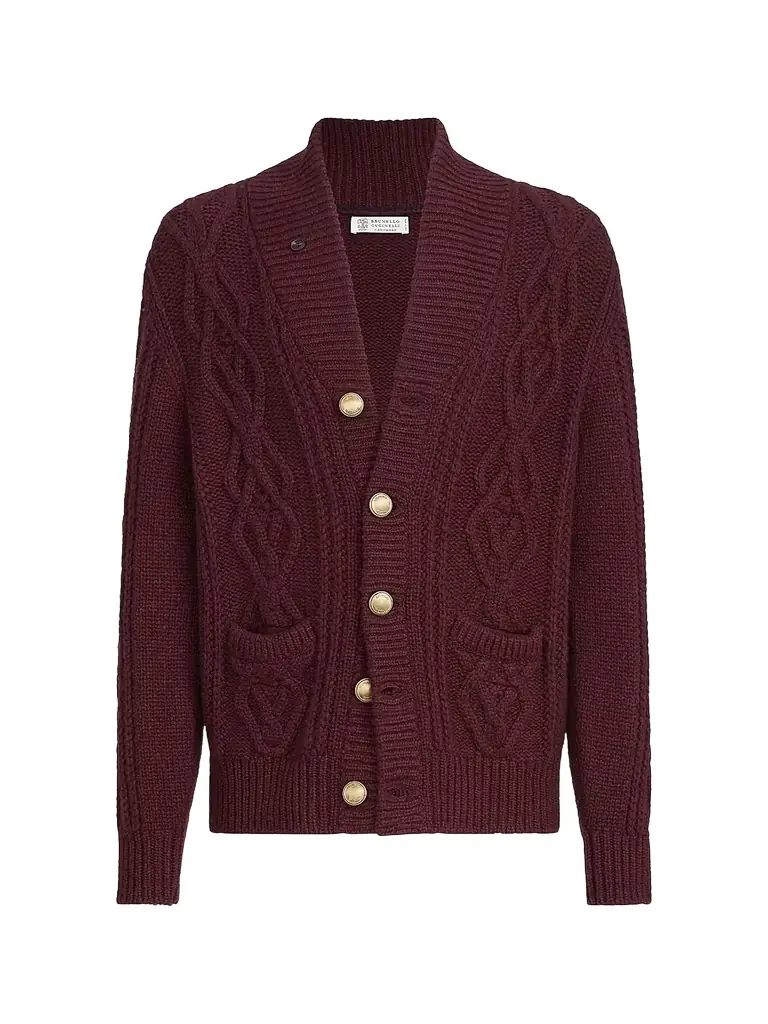 Brunello Cucinelli Men's Cashmere Feather Yarn Cable Knit Cardigan - Burgundy
