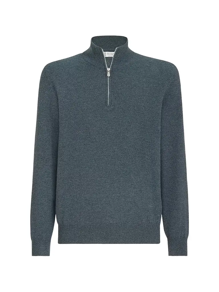 Brunello Cucinelli Men's Cashmere Sweater with Half Zip - Cerulean