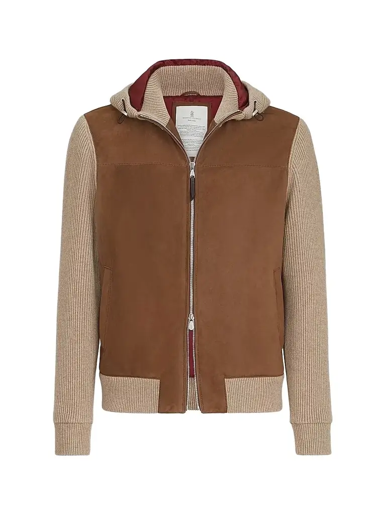Brunello Cucinelli Men's Suede and Cashmere Knit Hooded Bomber Jacket - Brown